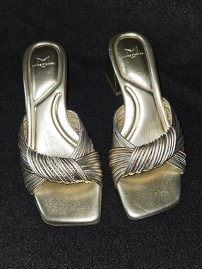 Marc Fisher LTD Cherri Metallic Gold Knot Mules/Slide Sandals Block Heels-Size 7